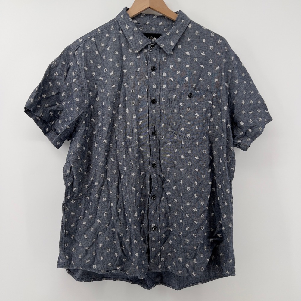Harry Potter Button‎ Down Shirt Novelty Print Short Sleeve Men XXL House Logos